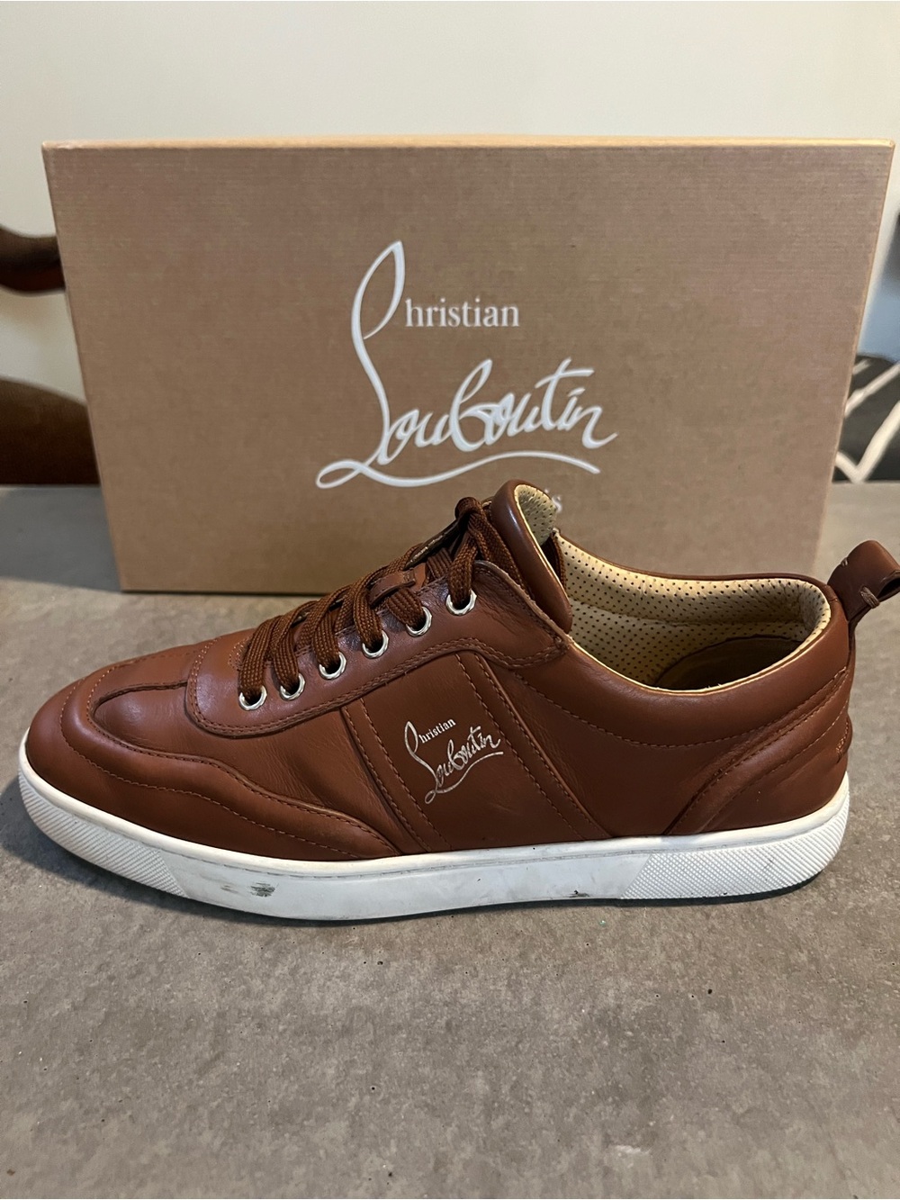 Christian Louboutin Men’s Brown Leather Low-Top Sneakers with White Sole - Picture 3 of 12